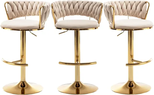 Miniatura 27 de Taburetes de bar dorados juego de 2, taburetes de bar de terciopelo giratorios con respaldo tejido, taburetes ajustables para isla de cocina, Beige
