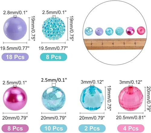 Miniatura 5 de PH PandaHall 50 cuentas de chunk de 0.78 pulgadas, cuentas de goma de mascar coloridas cuentas grandes de perlas de diamantes de imitación sueltas