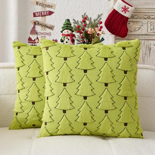 Kevin Textile - Fundas de almohada con diseño de árbol de Navidad de 16 x 16 pulgadas, juego de 2, bordado de lujo, felpa suave, piel sintética,
