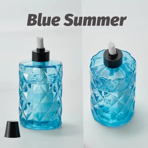Miniatura 2 de Paquete de 4 linternas de mesa de cristal azul con mecha y tapa, linternas de citronela al aire libre, linterna de llama recargable, linterna