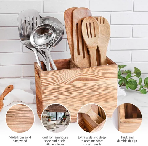 Miniatura 2 de Soporte de utensilios de madera para encimera de cocina, organizador grande de utensilios de 2 compartimentos para encimera, soporte de herramientas