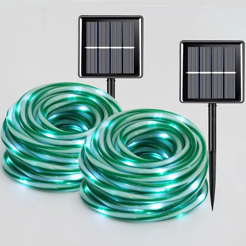 Miniatura 21 de QITONG Paquete de 2 luces solares verdes, cada cadena de 100 luces LED de 33 pies para exteriores, 8 modos de luces de hadas en tubo de PVC