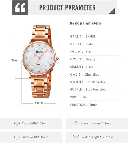 Miniatura 6 de SKMEI Women Watches Diamond Big Face Thin Slim Stainless Luxury Fashion Analog Quartz Waterproof Dress Casual Simple Ladies Female Rose Gold