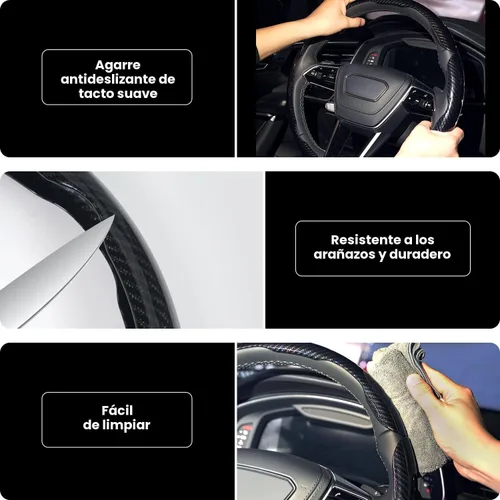 Miniatura 4 de Hiseanllo Juego de 3 fundas de volante de fibra de carbono, antideslizantes, resistentes a los rayones, ajuste universal para volantes de 14 a 16