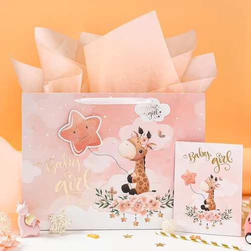 Miniatura 4 de WRAPAHOLIC Bolsa de regalo extra grande de 16" para bebé niña con tarjeta y papel de seda - Para baby shower, bebé recién nacido Jirafa bebé niña