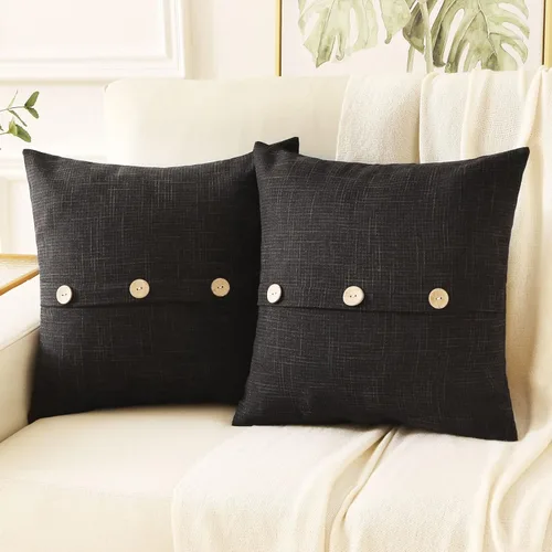 HAUSSY Juego de 2 fundas de almohada decorativas de lino negro de 18 x 18 pulgadas, fundas de cojín cuadradas con 3 botones vintage, decoración