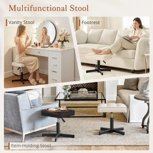 Miniatura 6 de LUE BONA Taburete de tocador ajustable, reposapiés de 15 a 19.5 pulgadas debajo del escritorio, silla giratoria de 360° para sala de maquillaje