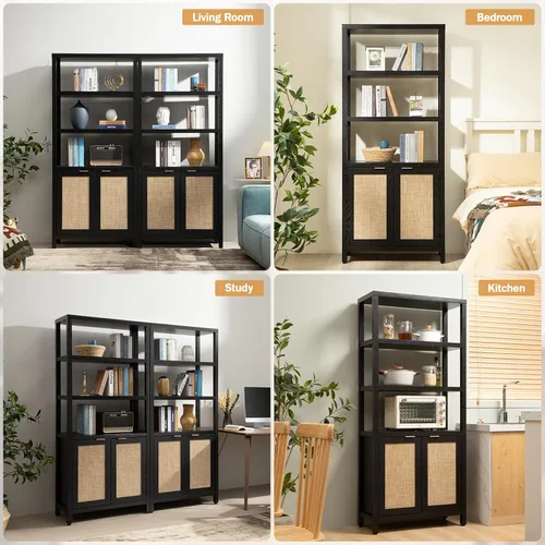 Miniatura 7 de Estantería SICOTAS de 5 niveles, estante de libros de ratán estilo bohemio de 71" de altura con puertas, estantes de almacenamiento, estanterías