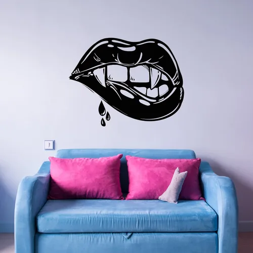 Vinilo adhesivo para pared, diseño de labios sexys, colmillos de vampiro, niña, fantasía, Halloween, decoración grande (859ig) negro mate