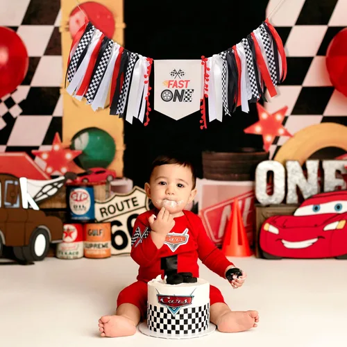 Miniatura 5 de Fast One - Cartel de cinta para silla alta – Decoración de fiesta de primer cumpleaños de carreras, cinta roja y negra, telón de fondo de fotos