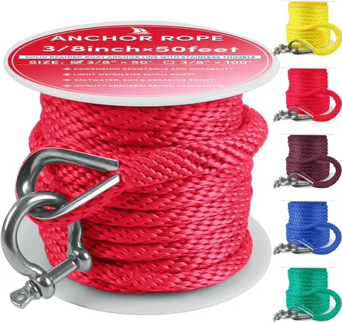 Miniatura 65 de Cuerda de anclaje premium de 100 pies x 3/8 pulgadas, cuerda marina de línea de anclaje MFP trenzada sólida con dedal y grillete, color negro