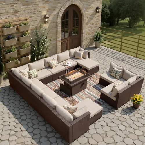 Miniatura 40 de BULEXYARD Juego de muebles de patio de respaldo alto de 7 piezas con mesa de fogata de combustible dual propano/gas natural, sofá seccional