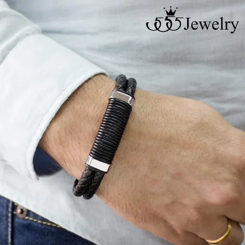 Miniatura 2 de 555Jewelry Pulsera de bloqueo de diapositivas de cuero trenzado doble de acero inoxidable