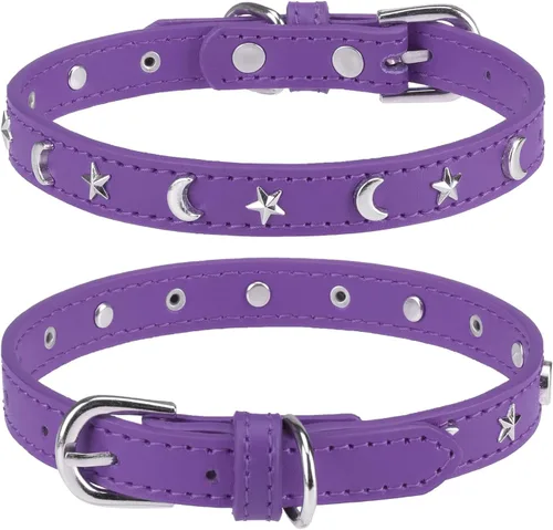 Miniatura 11 de Collar de cuero para perros pequeños, collar suave y ajustable con remaches de estrella y luna para perros machos y hembras, collares para cachorros