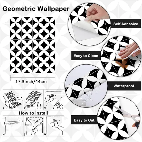 Miniatura 3 de Papel tapiz geométrico en blanco y negro para despegar y pegar, moderno, 17.3 x 78.8 pulgadas, papel de pared autoadhesivo extraíble para baño