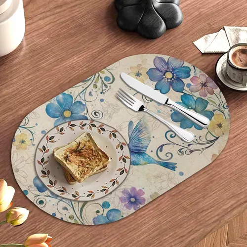 Miniatura 6 de Blue Flower Dining Table Mats Set of 2 Hummingbird Heat Resistant Placemats Washable and Wipeable Non Slip Place Mat, Waterproof Modern Dining Table