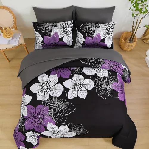 Miniatura 3 de Luxudecor Juego de edredón floral tamaño King, 7 piezas de cama en una bolsa, juego de edredón floral morado y sábanas, juegos de cama completos