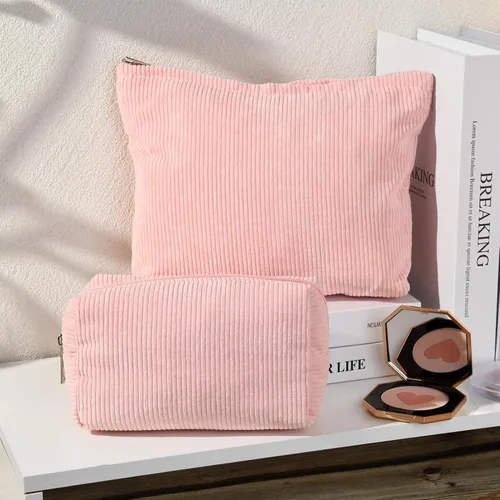Miniatura 2 de SOIDRAM 2 Piezas Bolsa de Maquillaje Grande de Corduroy, Bolsa de Cosméticos de Lona de Gran Capacidad, Bolsa de Viaje y Artículos de Aseo, rosado