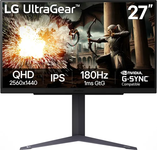 LG 27GS75Q-B Monitor de juegos Ultragear QHD de 27 pulgadas (2560 x 1440), 180 Hz (O/C 200 Hz), 1 ms, IPS, compatible con NVIDIA G-SYNC, AMD