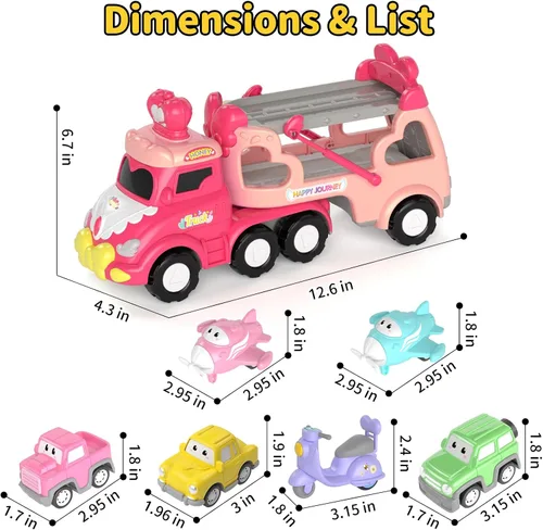 Miniatura 8 de newcrave - Juguetes de camiones para niñas de 1, 2, 3 años, juguetes de autos transportadores 7 en 1 para niñas pequeñas de 1-2, 2-3 años, juguete