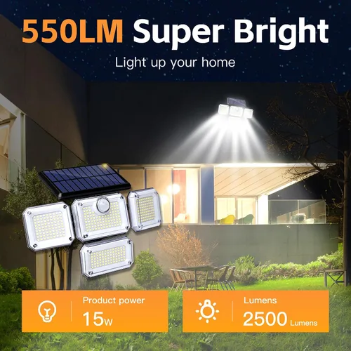 Miniatura 5 de Lámpara con sensor de movimiento para exteriores, luz de energía solar de 4 cabezales, luz solar 333 LED, luces de inundación inalámbricas