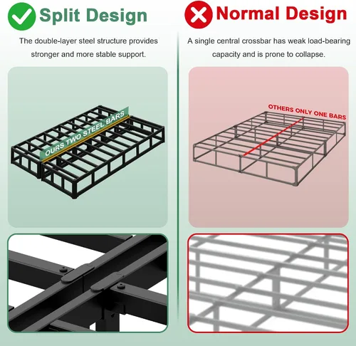 Miniatura 7 de Lutown-Teen Base de cama con somier dividido de 9 pulgadas, 3500 libras de metal resistente de alto perfil tamaño King con cubierta de tela, sin