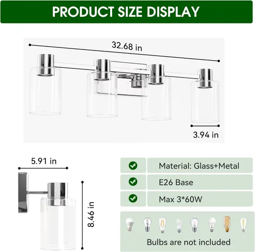 Miniatura 6 de Lámparas de tocador modernas de 4 luces sobre el espejo, lámparas de baño cromadas, luces de tocador, aplique de pared con pantalla de vidrio Cromo