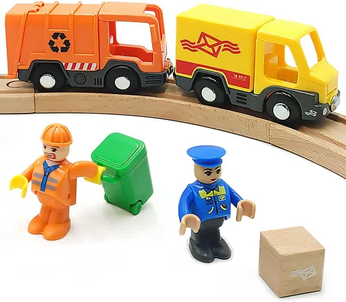 Miniatura 11 de Set de vagones de tren de madera con pista Accesorios para pista de tren con excavadora y camión volquete Vehículos pequeños Vagones de tren