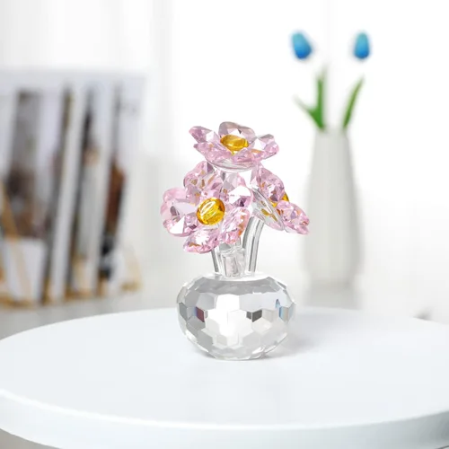 Miniatura 2 de Figura de flor rosa de cristal hecha a mano con jarrón redondo, regalos románticos de flores para mujeres en el día de San Valentín, día