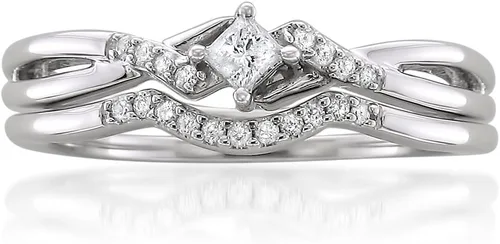 Juego de Anillos de Boda, Oro blanco de 10quilates, corte princesa y la Ronda de diamantes nupcial (15cttw, color H-I, claridad I1-I2)