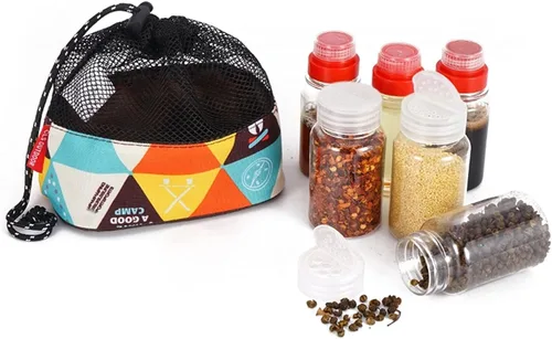 FantasyDay 6 frascos de plástico PET para especias a prueba de humedad con tapa, para camping, picnic, cocina al aire libre, condimento, organizador
