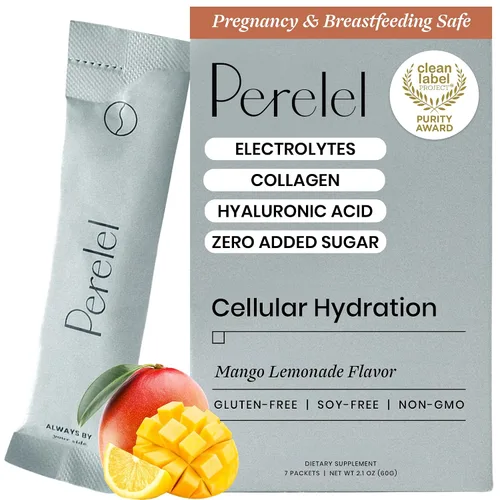 Perelel Polvo de hidratación, suplemento de electrolitos con colágeno y ácido hialurónico, sabor a limonada de mango, sin soja y gluten, sin OMG,