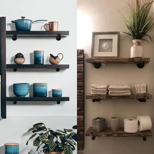 Miniatura 5 de Soportes para estantes de tubería de 10 pulgadas, soporte de pared de metal negro industrial flotante para estantes de madera, estilo rústico