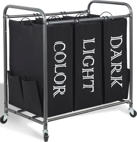 Miniatura 13 de STORAGE MANIAC Clasificador de ropa sucia de 2 secciones, cesta de lavandería de 90 L Gal con ruedas, clasificador separador de cesta de ropa, Negro