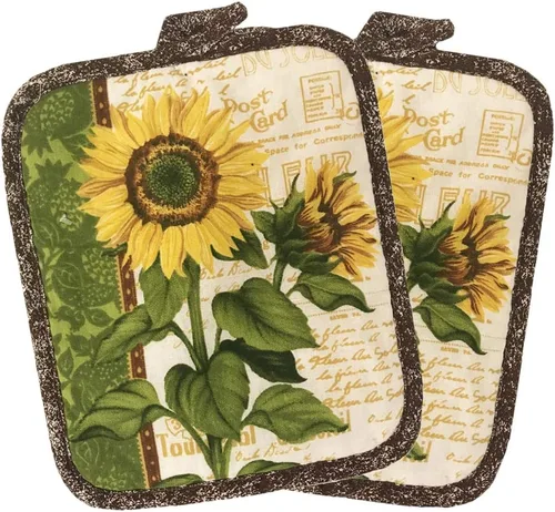 Miniatura 2 de Set de 5 piezas de toallas de cocina de lino 2 toallas 2 soportes para macetas 1 manopla para horno (Girasol 2)