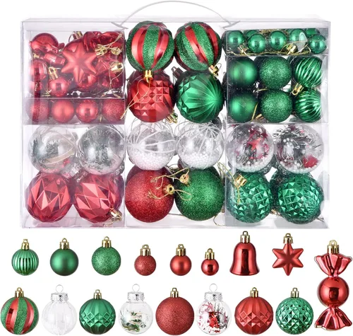 Miniatura 7 de Juego de 111 adornos de bolas de Navidad, conjunto de adornos de Navidad inastillables surtidos, paquete de colgantes lujosos para árbol de Navidad