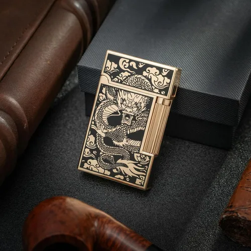 Miniatura 6 de Encendedor de gas de dragón de metal recargable, pedernal de llama ajustable, diseño de dragón chino vintage, encendedor de butano de llama suave