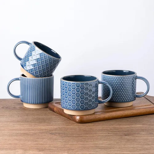 Miniatura 17 de GBhome Tazas de café apilables de 6 onzas, tazas de café de cerámica con patrones de textura para hombre, mujer, papá, mamá, juego de 4 tazas