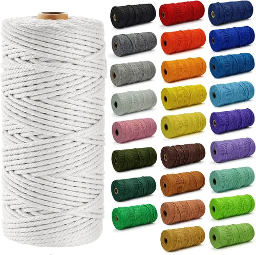 Miniatura 42 de Cuerda de Algodón 8mm x 20 Yardas - Cuerda de Macramé Natural Sin Blanquear - Cuerda de Algodón Trenzada de 3 Hilos para Colgar en la Pared, Blanco