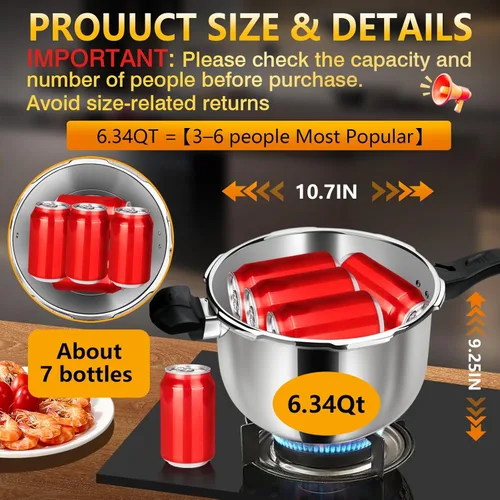 Miniatura 5 de Olla a presión de acero inoxidable de 6 cuartos de galón, resistente a presión de grado alimenticio 304 con válvula de seguridad y mango resistente