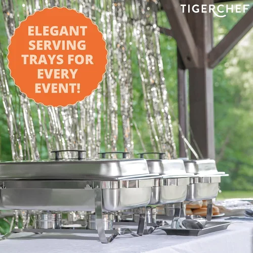 Miniatura 5 de Tiger Chef 8 cuartos de galón, Chafer Tamaño Completo Acero Inoxidable 2 charolas de medio tamaño y Carcasa de tacto frío de plástico., Plateado