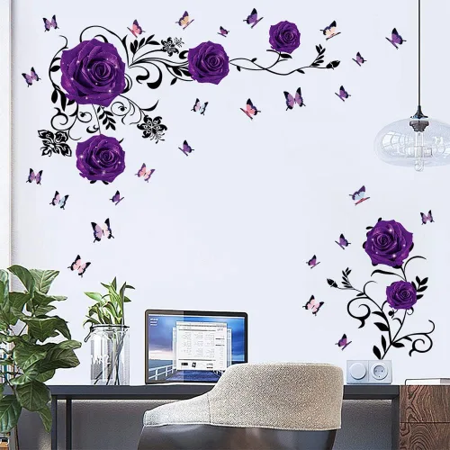 Miniatura 4 de Supzone Pegatinas de pared de rosas moradas, diseño de flores y vides, decoración de pared floral de peonía morada, arte mural de vinilo para Morado