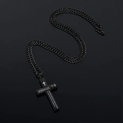 Miniatura 4 de REVEMCN Collar inspirador de cruz con versículo bíblico para hombres y niños, collar con colgante de cruz de plata negra lisa de acero inoxidable