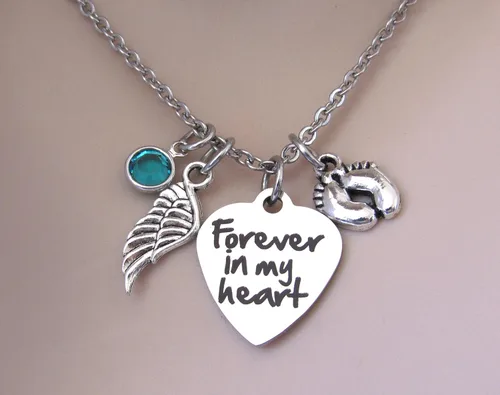 Miniatura 2 de Miscarriage "Forever In My Heart" Necklace with Angel Wing, Baby Feet & Birthstone, Child Loss Memorial, Miscarriage Jewelry - Loss of Child