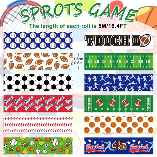 Miniatura 2 de Whaline 12 rollos de cinta Washi con temática deportiva, bolas deportivas, cinta adhesiva surtida, cinta de papel de envoltura decorativa