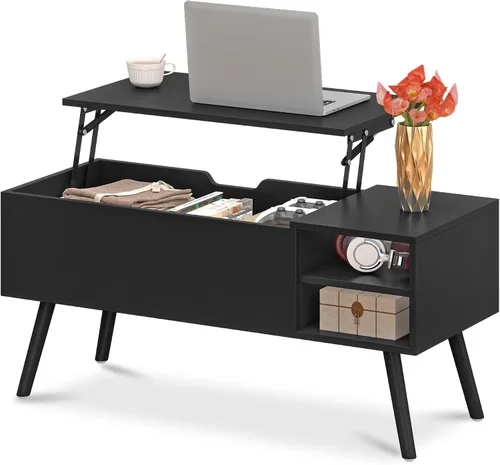 Aline Furniture - Mesa de centro negra con superficie que se levanta y compartimento de almacenamiento oculto, patas de madera maciza y estantes