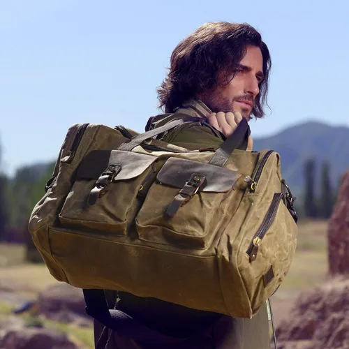 Miniatura 7 de Bolsa de lona encerada vintage para hombre, Caqui