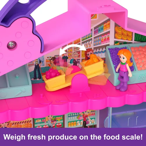 Miniatura 6 de Polly Pocket Pollyville Fresh Market Muñecas y juego de juguete, juguete de comida con 2 micro muñecas, 12 accesorios incluyen coche de juguete