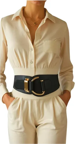 TFJ - Cinturón ancho de moda para mujer, cintura alta, hebilla de gancho de metal dorado, talla XS, S, M, L, XL