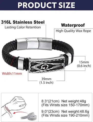 Miniatura 6 de Bandmax Pulsera trenzada de cuero negro para hombre con colgante gótico punk, pulsera de cuero con hebilla de acero inoxidable, paquete de regalo